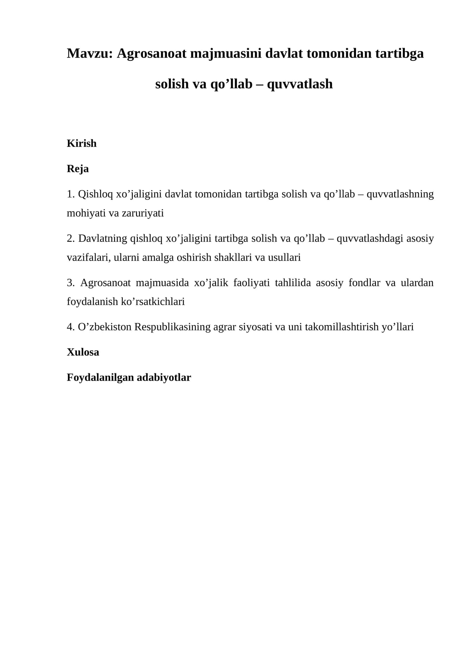 Agrosanoat majmuasini davlat tomonidan tartibga solish va qo’llab – quvvatlash