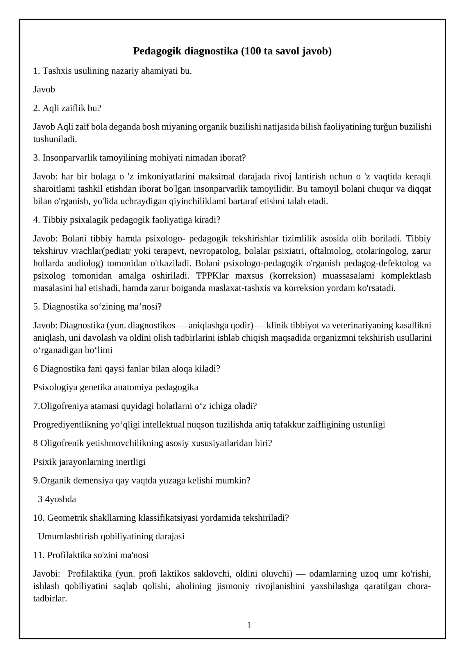 Pedagogik diagnostika (100 ta savol javob)