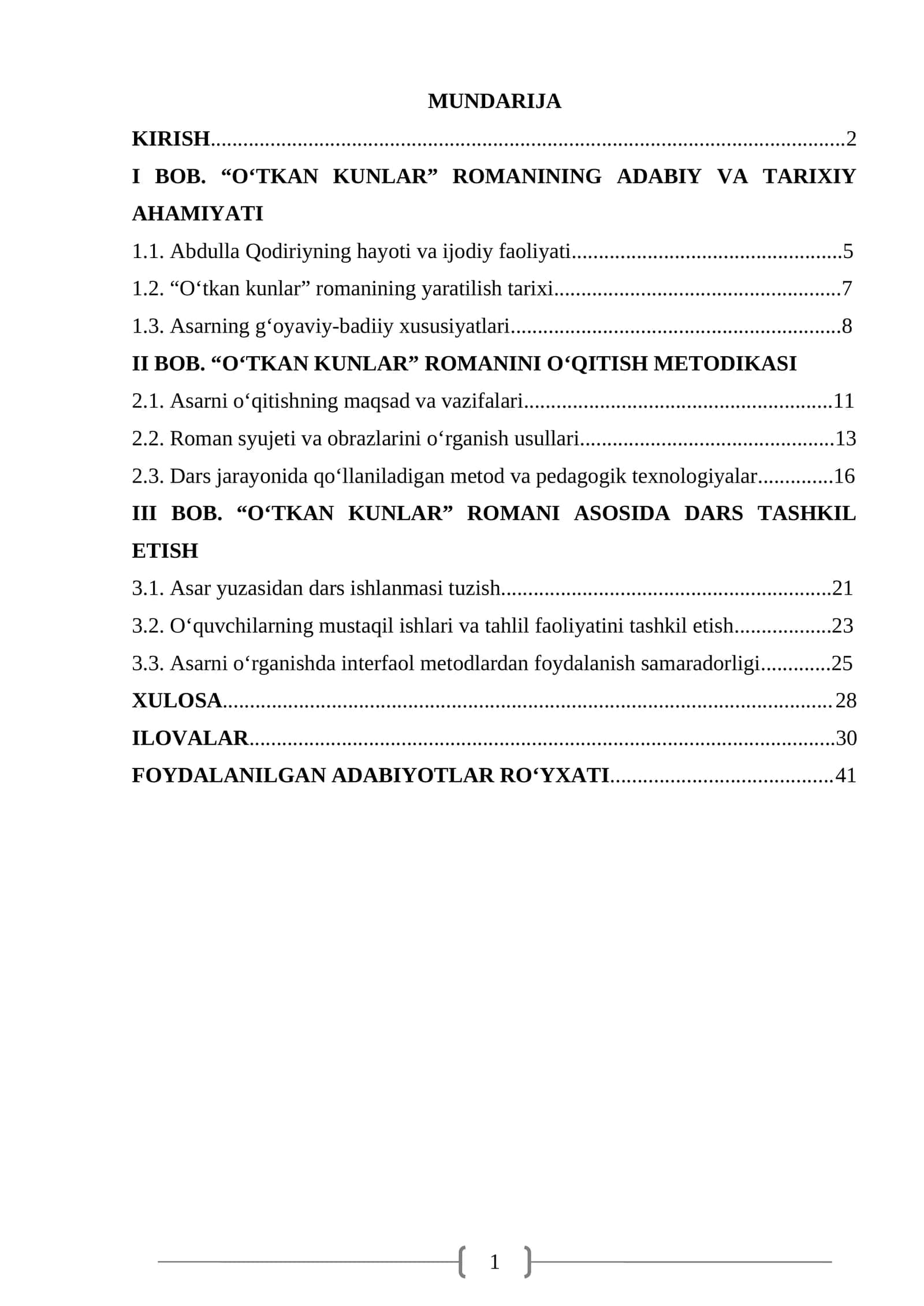 O‘tkan kunlar romani ustida ishlash metodikasi
