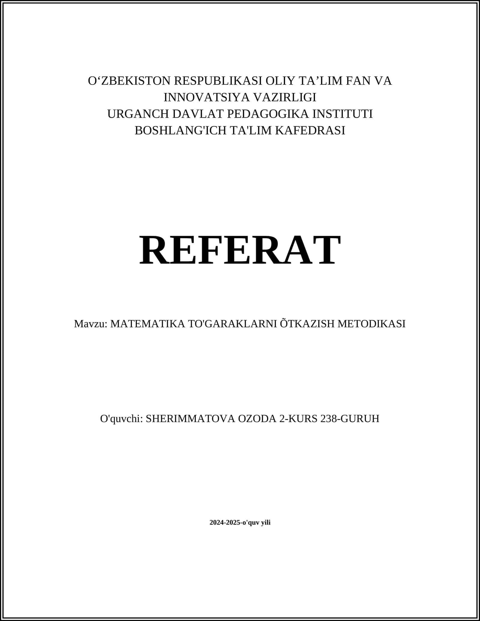 MATEMATIKA TO'GARAKLARNI ÕTKAZISH METODIKASI