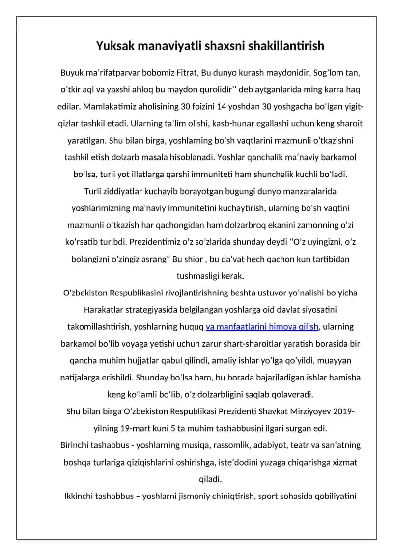 Yuksak manaviyatli shaxsni shakillantirish