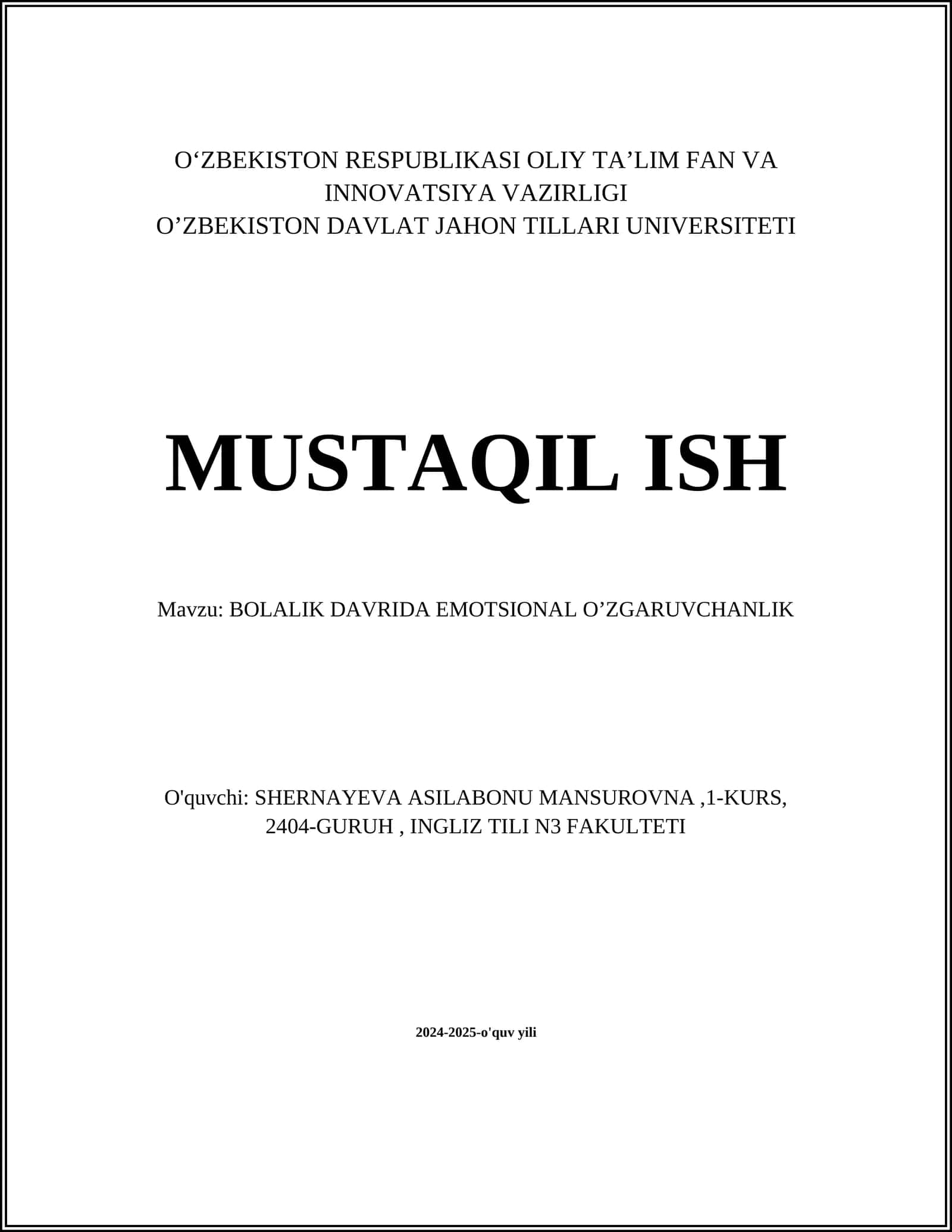 BOLALIK DAVRIDA EMOTSIONAL O’ZGARUVCHANLIK