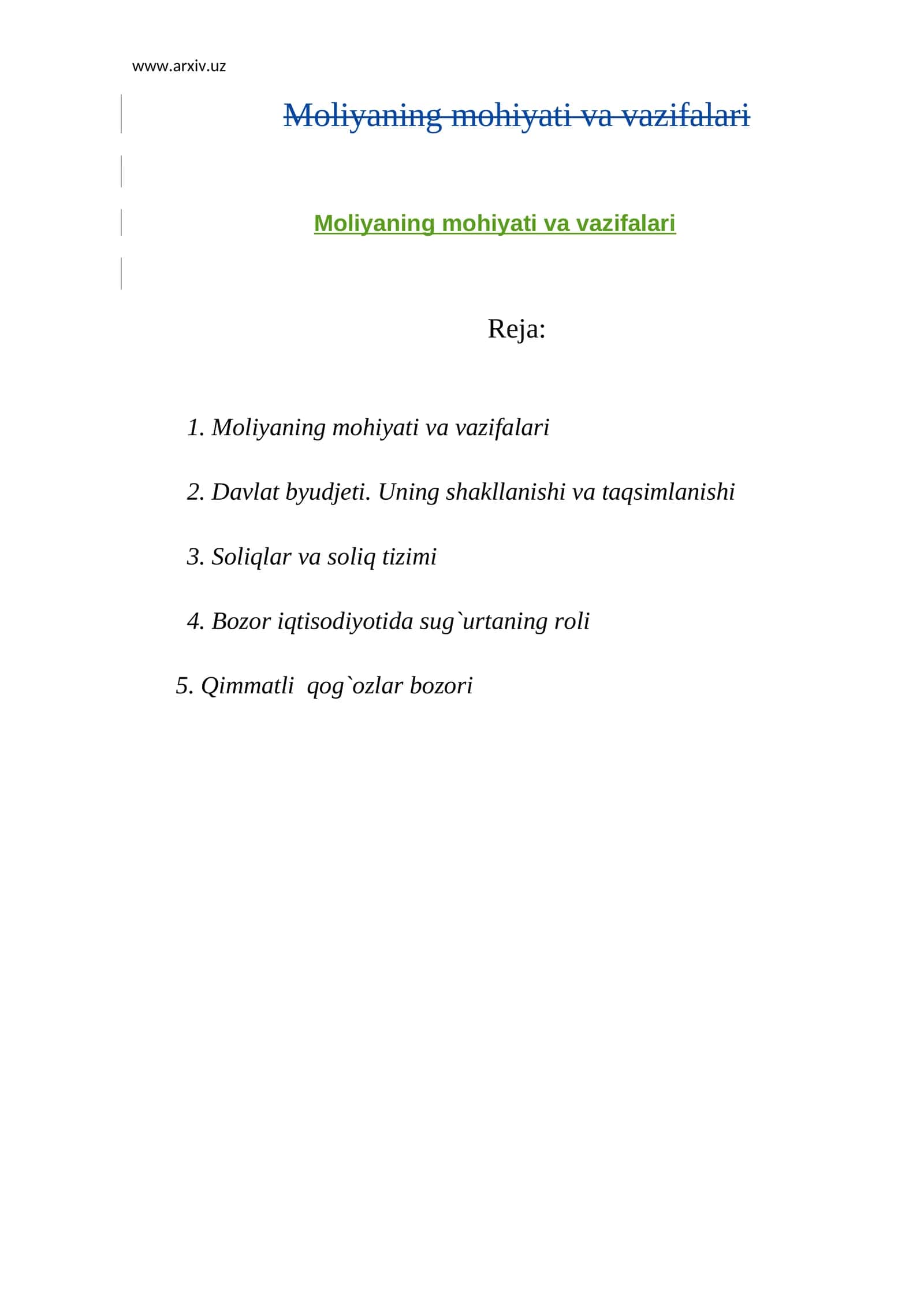Moliyaning mohiyati va vazifalari