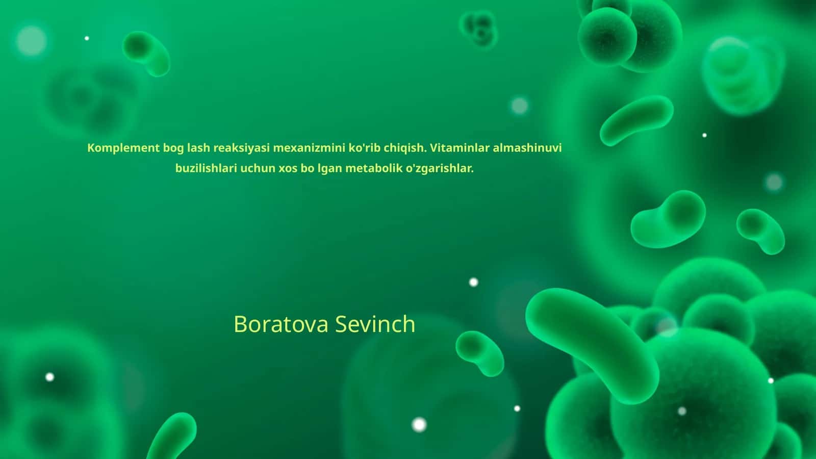 Komplement bog lash reaksiyasi mexanizmini ko'rib chiqish. Vitaminlar almashinuvi buzilishlari uchun xos bo lgan metabolik o'zgarishlar