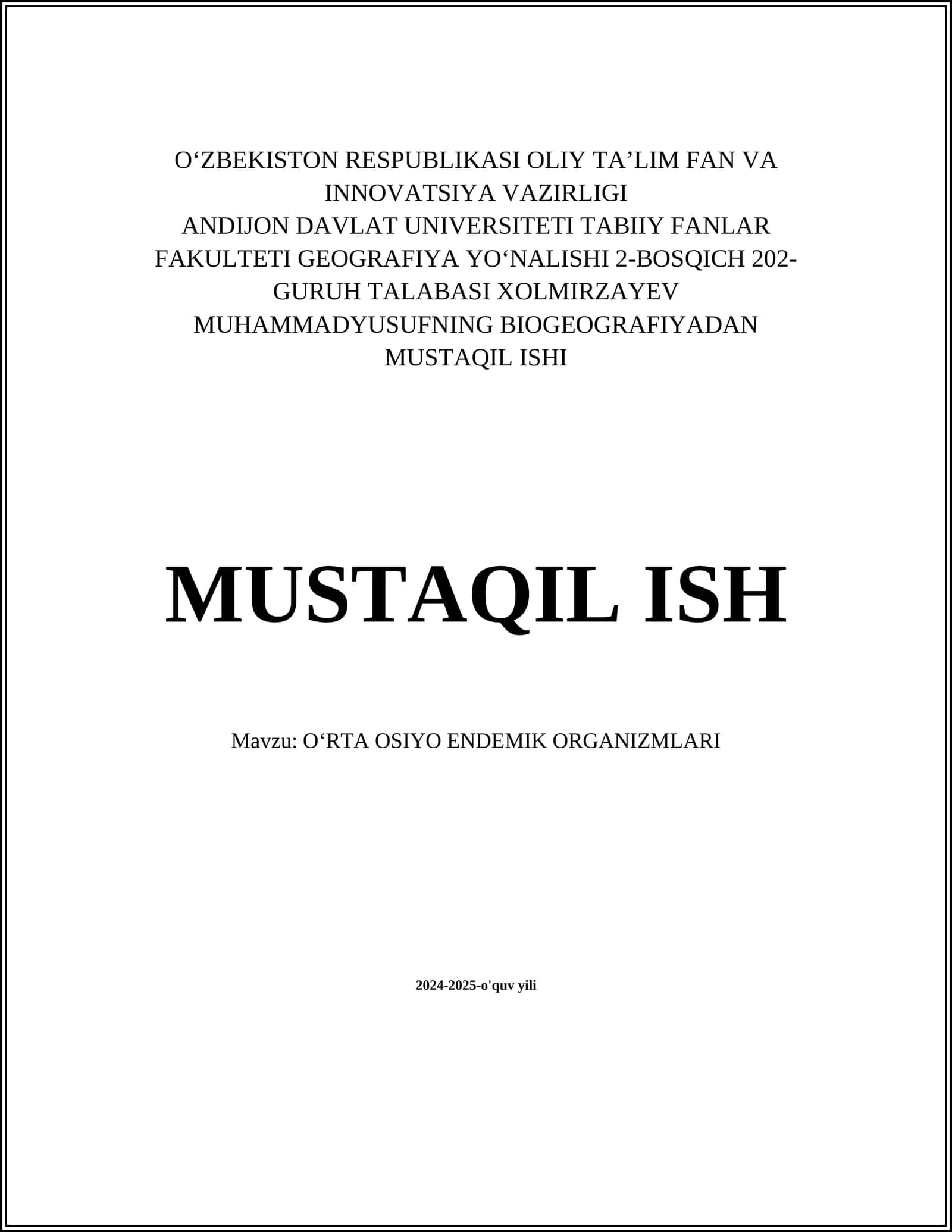 OʻRTA OSIYO ENDEMIK ORGANIZMLARI