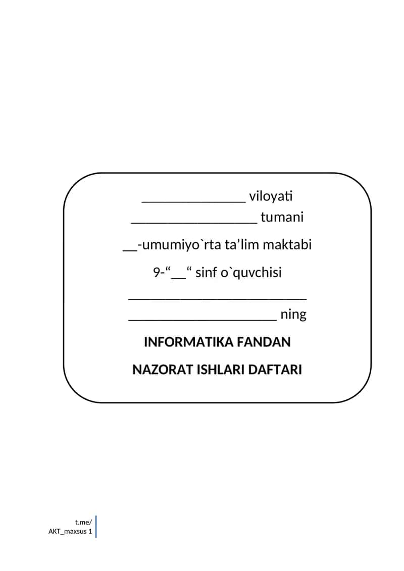 INFORMATIKA FANDAN NAZORAT ISHLARI DAFTARI