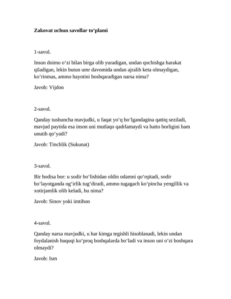 Zakovat uchun savollar toʻplami