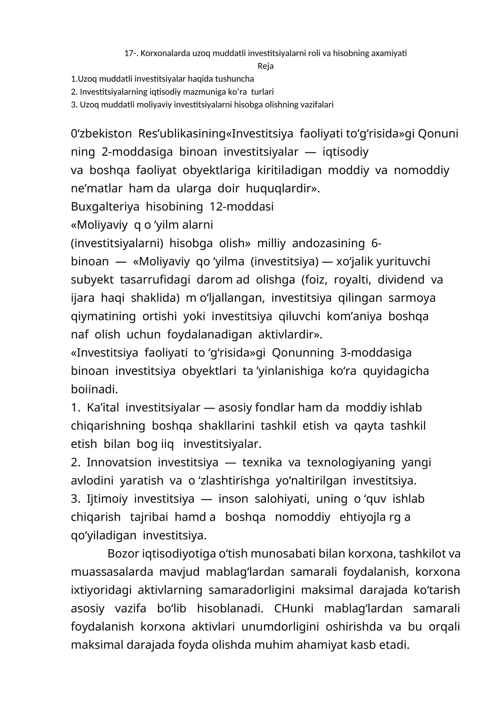 Korxonalarda uzoq muddatli investitsiyalarni roli va hisobning axamiyati