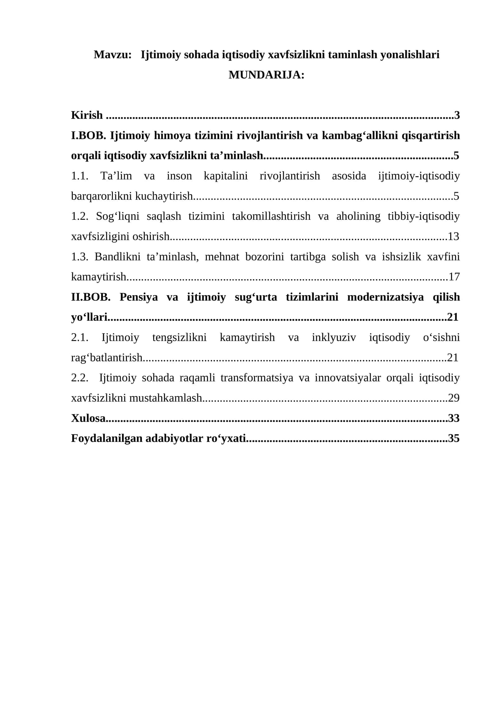 Ijtimoiy sohada iqtisodiy xavfsizlikni taminlash yonalishlari
