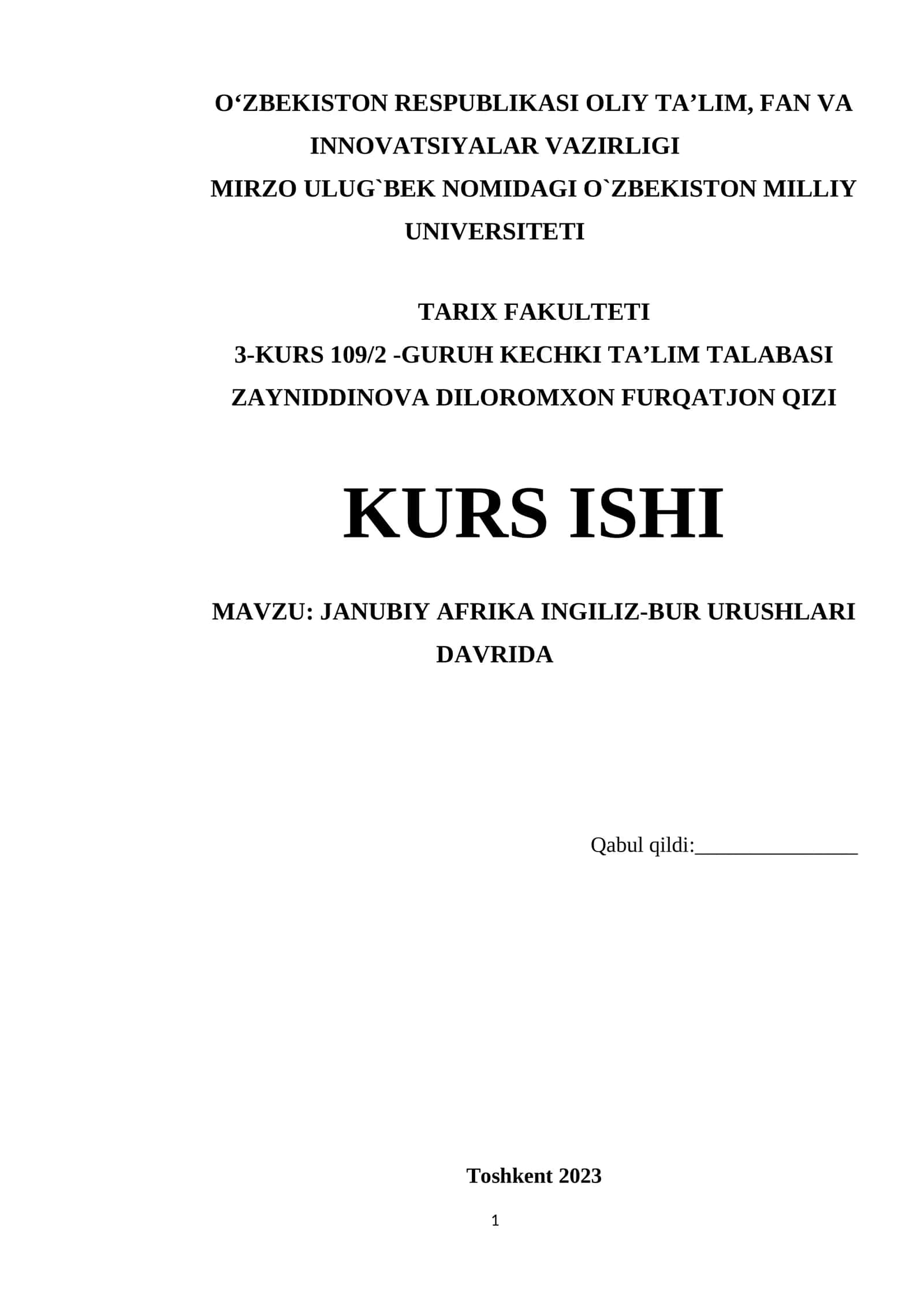 JANUBIY AFRIKA INGILIZ-BUR URUSHLARI DAVRIDA