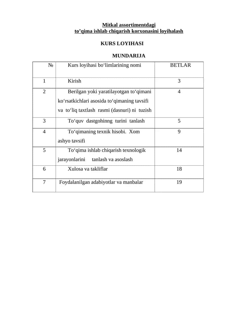 Mitkal assortimentdagi to’qima ishlab chiqarish korxonasini loyihalash kurs ishi