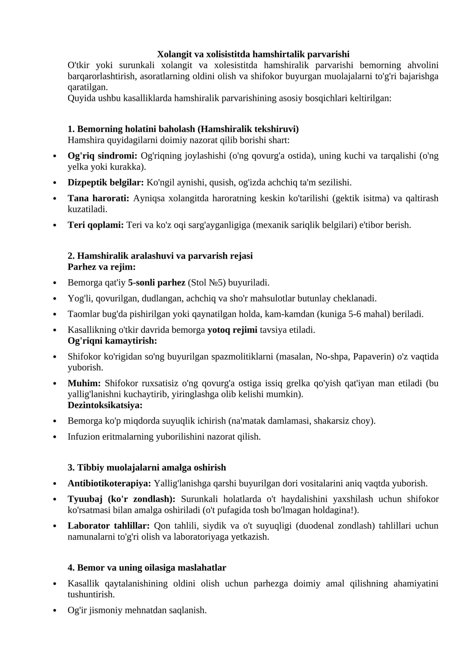 Xolangit va xolisistitda hamshirtalik parvarishi