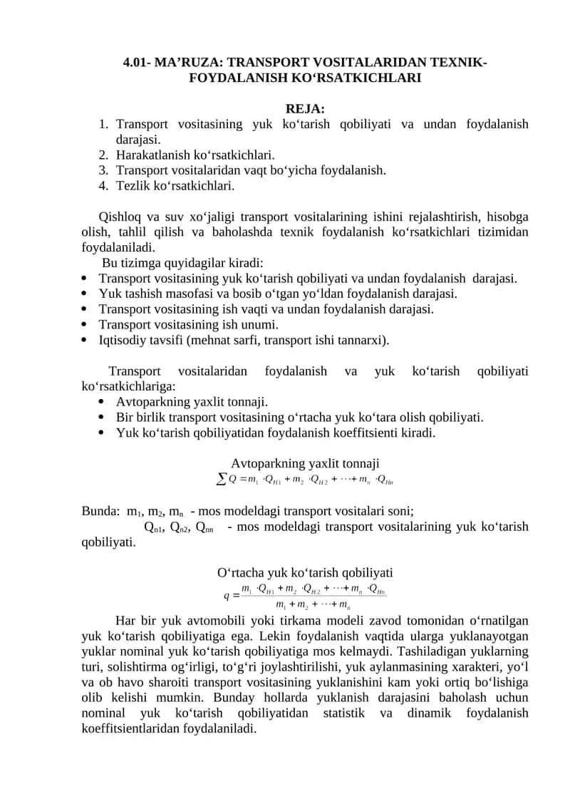 TRANSPORT VOSITALARIDAN TEXNIK-FOYDALANISH KO‘RSATKICHLARI