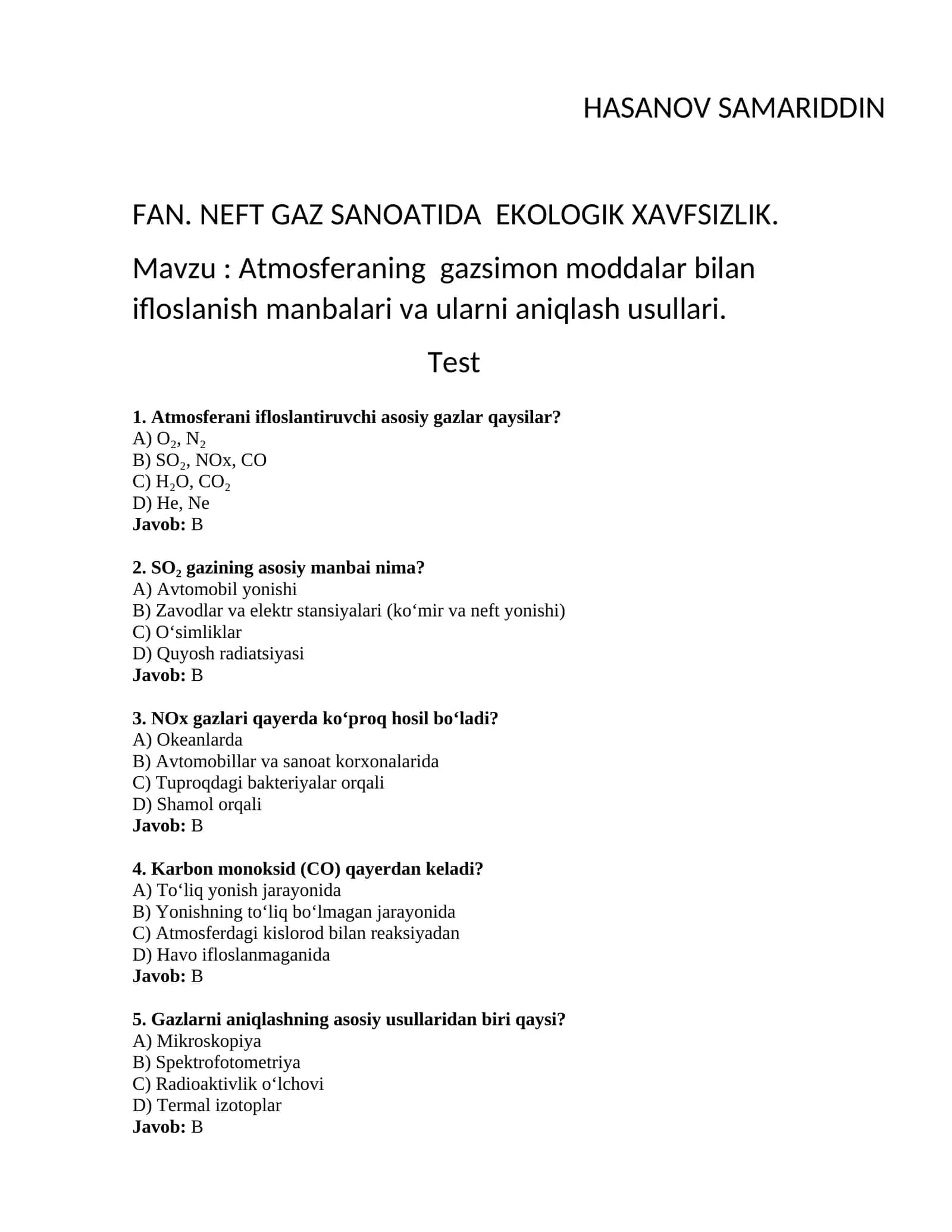 NEFT GAZ SANOATIDA EKOLOGIK XAVFSIZLIK