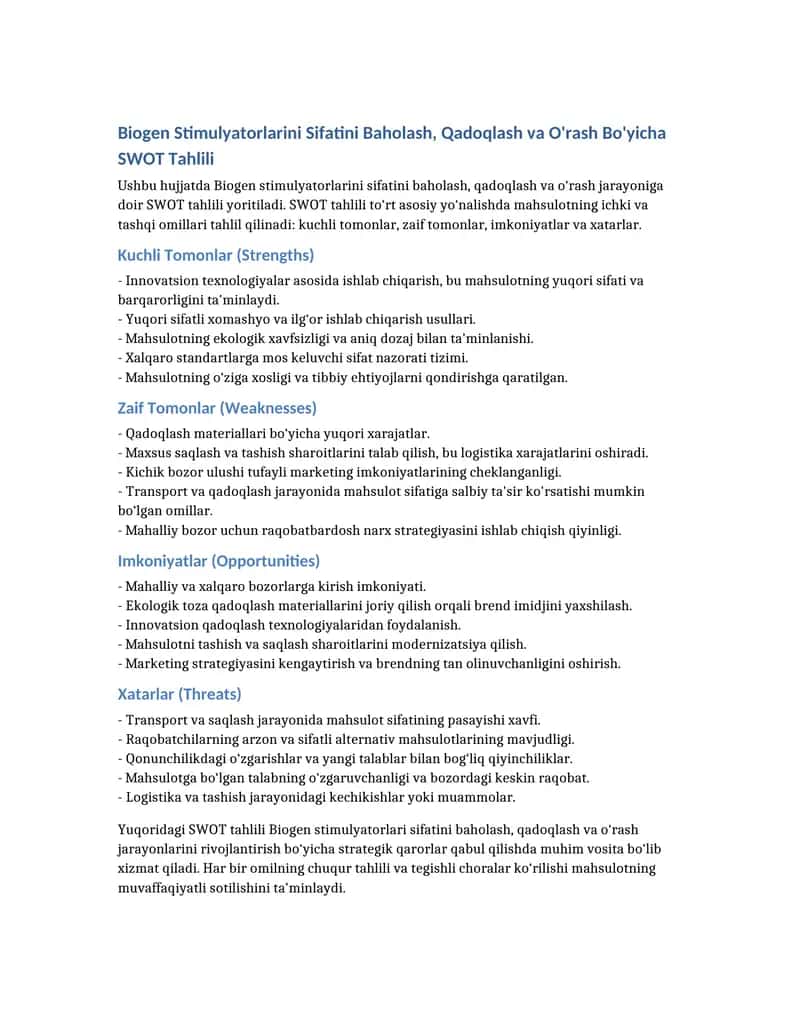 Biogen Stimulyatorlarini Sifatini Baholash, Qadoqlash va O'rash Bo'yicha SWOT Tahlili