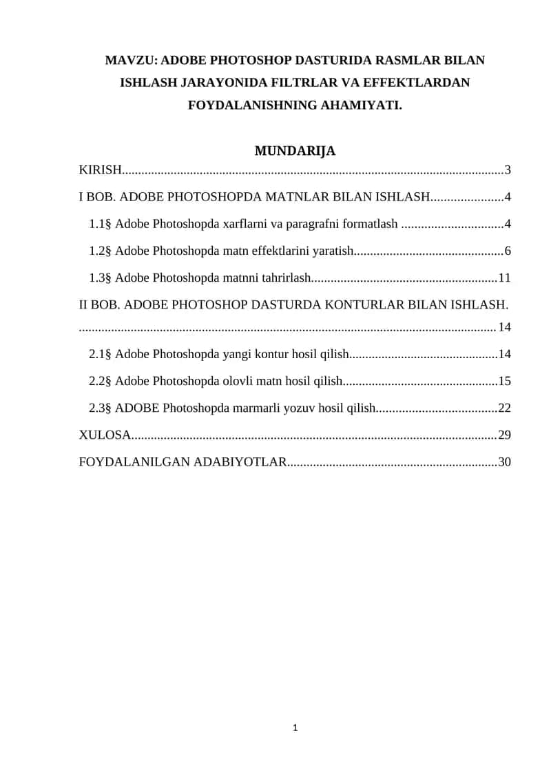 ADOBE PHOTOSHOP DASTURIDA RASMLAR BILAN ISHLASH JARAYONIDA FILTRLAR VA EFFEKTLARDAN FOYDALANISHNING AHAMIYATI