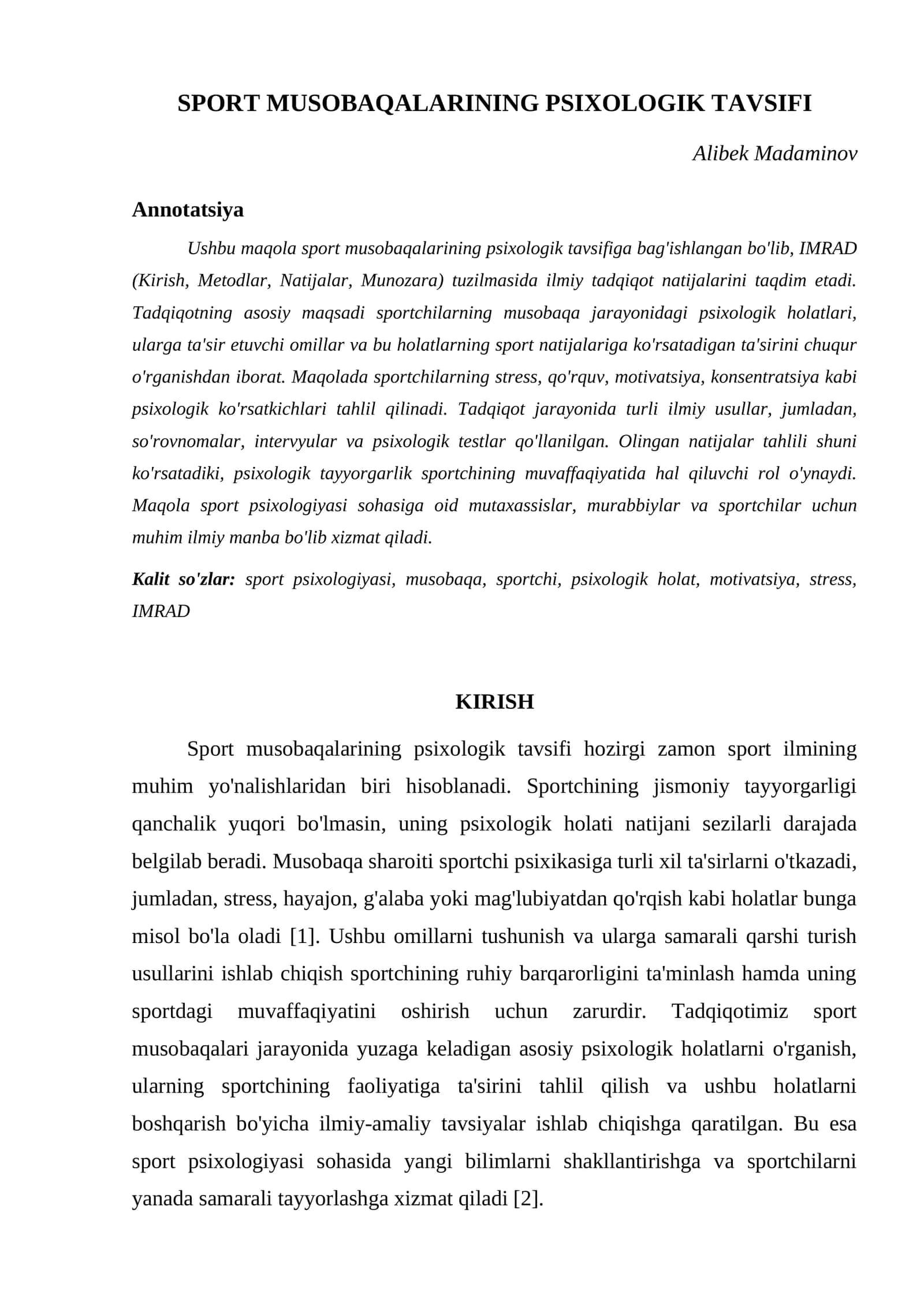 SPORT MUSOBAQALARINING PSIXOLOGIK TAVSIFI