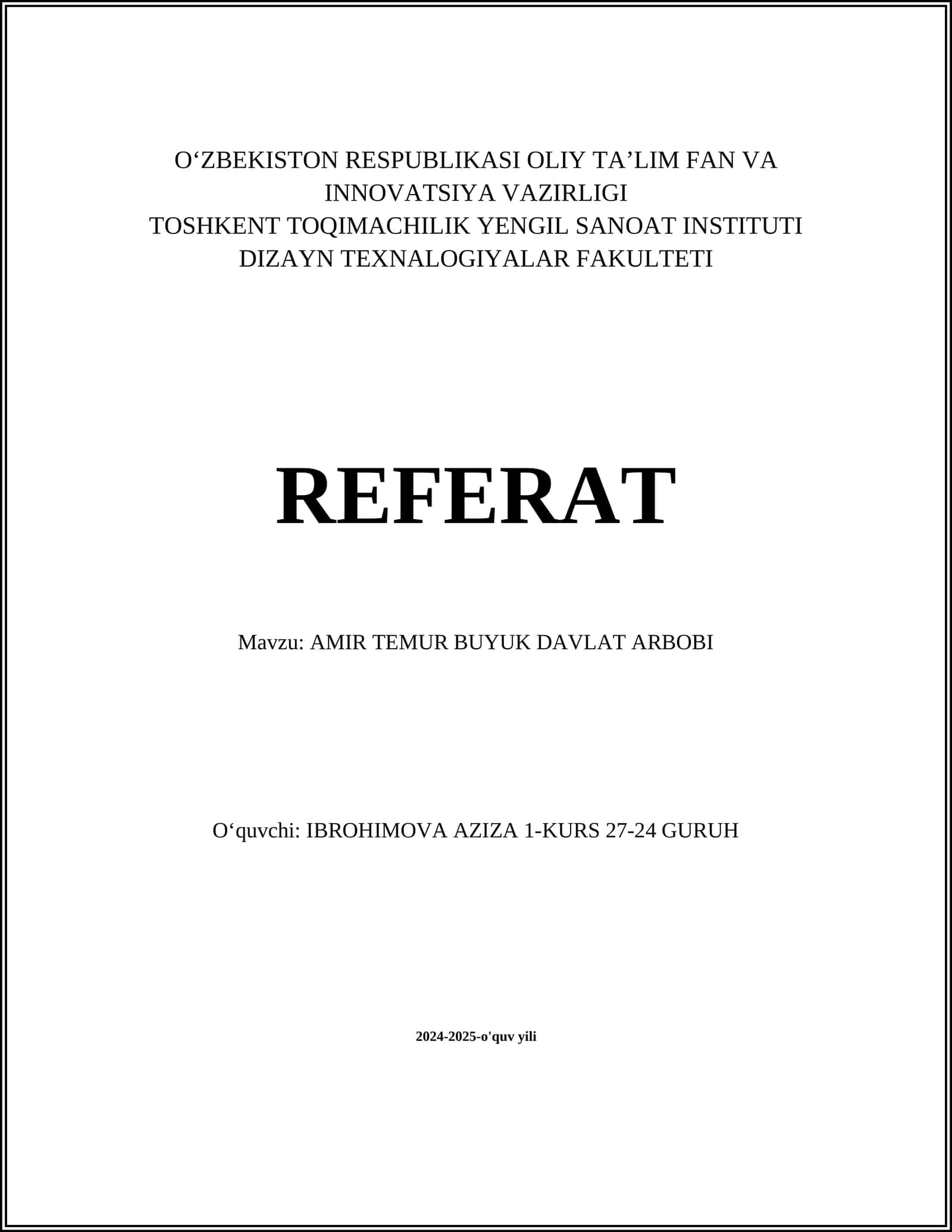 AMIR TEMUR BUYUK DAVLAT ARBOBI