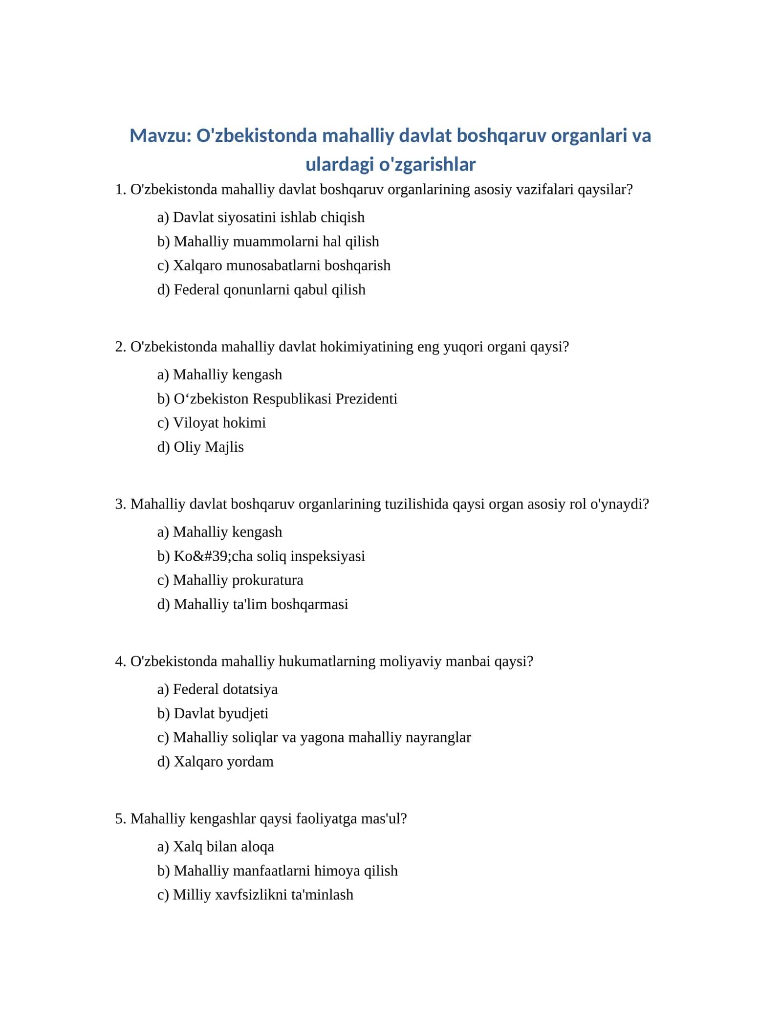 O'zbekistonda mahalliy davlat boshqaruv organlari va ulardagi o'zgarishlar