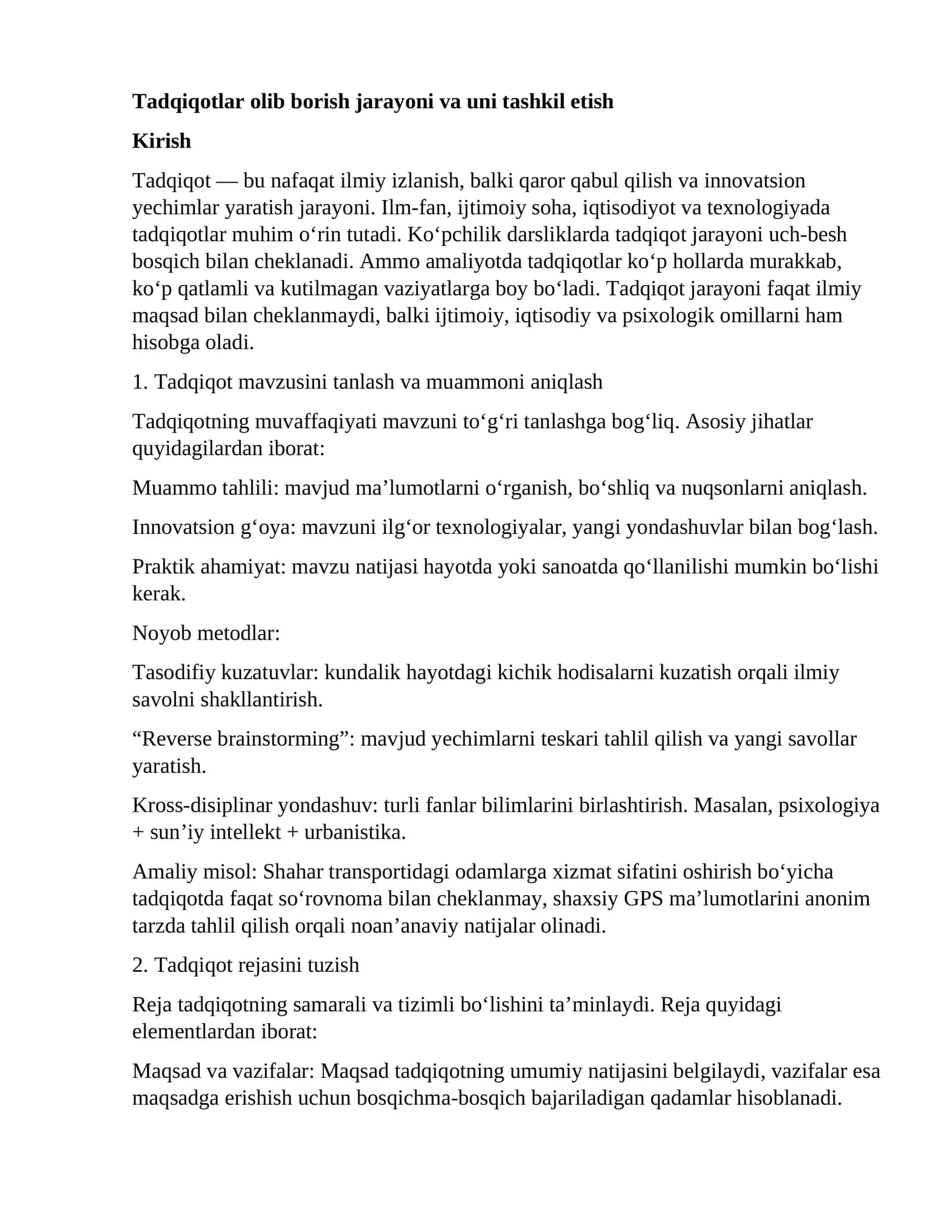 Tadqiqotlar olib borish jarayoni va uni tashkil etish