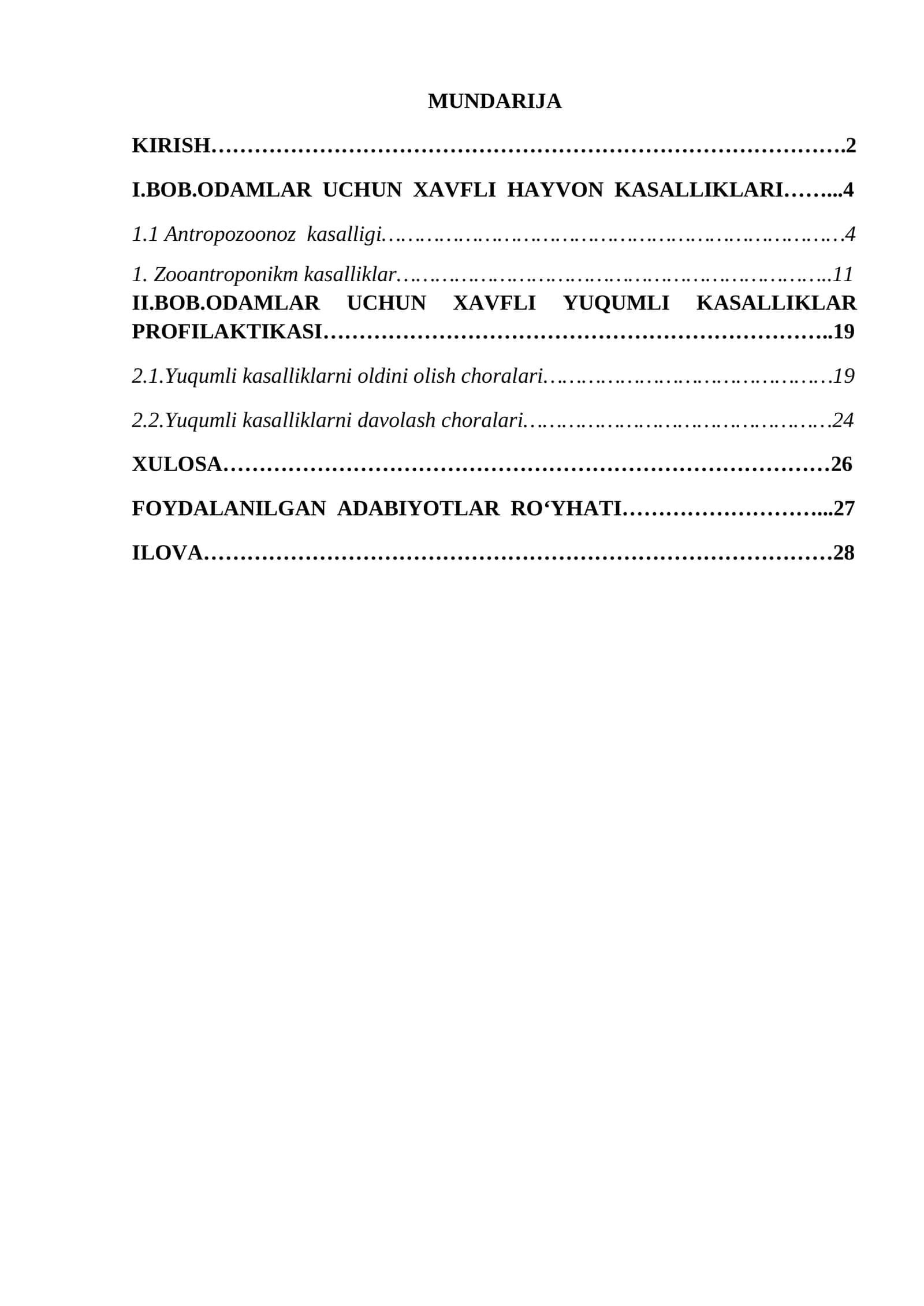 ODAMLAR UCHUN XAVFLI HAYVON KASALLIKLARI