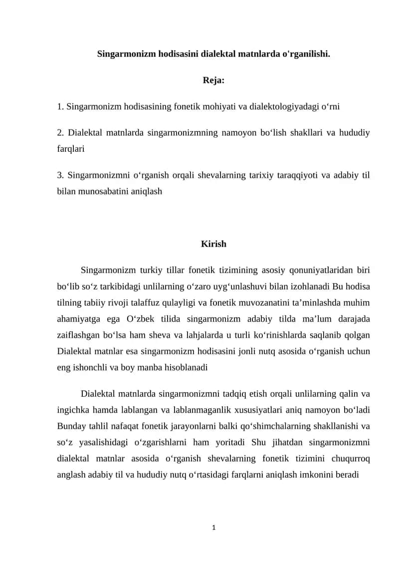 Singarmonizm hodisasini dialektal matnlarda o'rganilishi