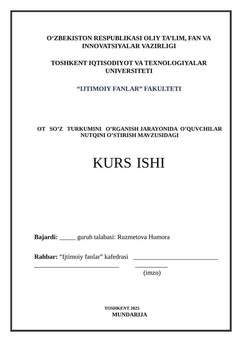Boshlang'ich Sinflarda OT So'z Turkumini O'rgatish
