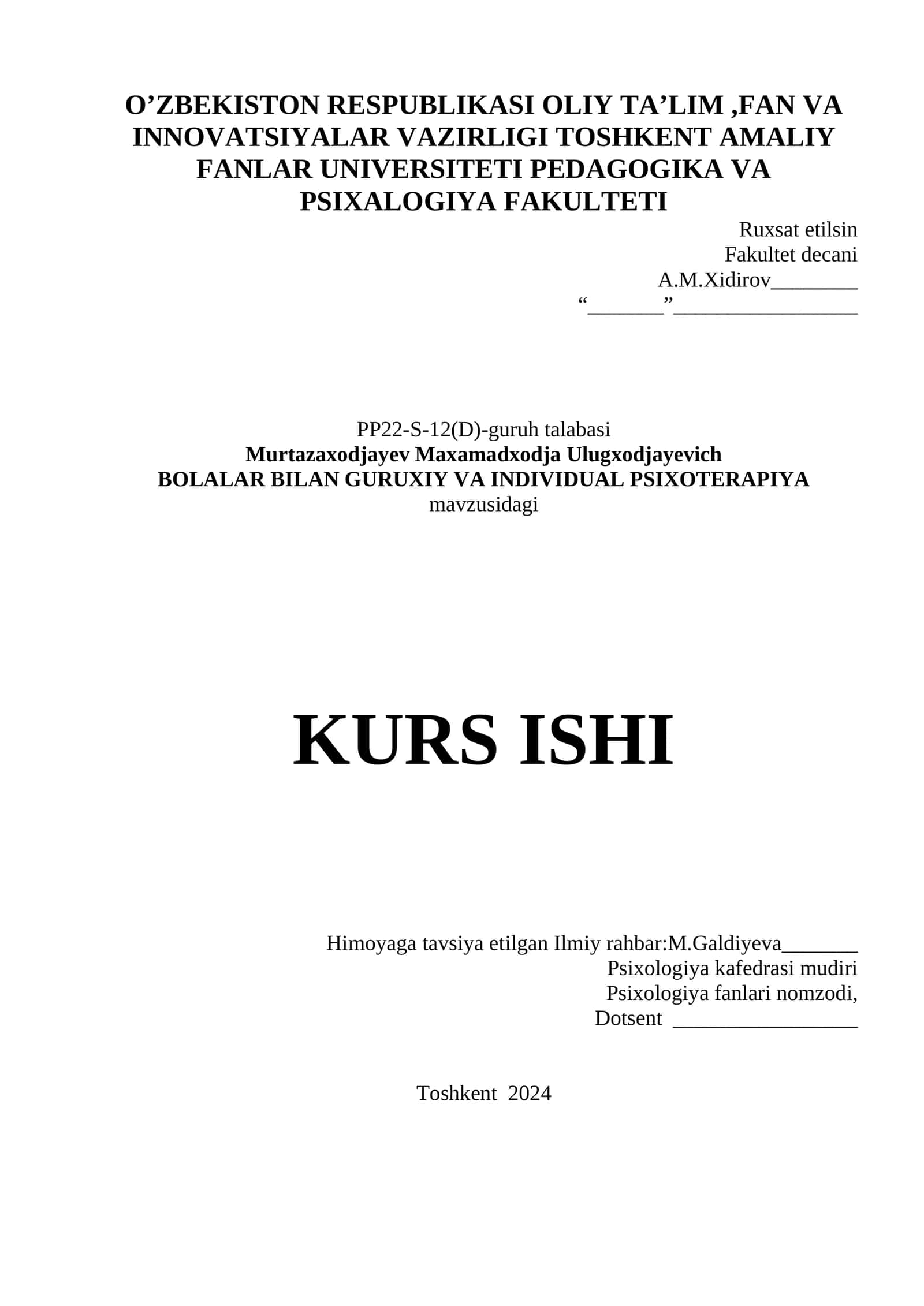 BOLALAR BILAN GURUXIY VA INDIVIDUAL PSIXOTERAPIYA KURS ISHI