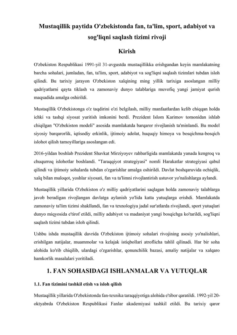 O'zbekiston Respublikasining mustaqilligining rivojlanishi