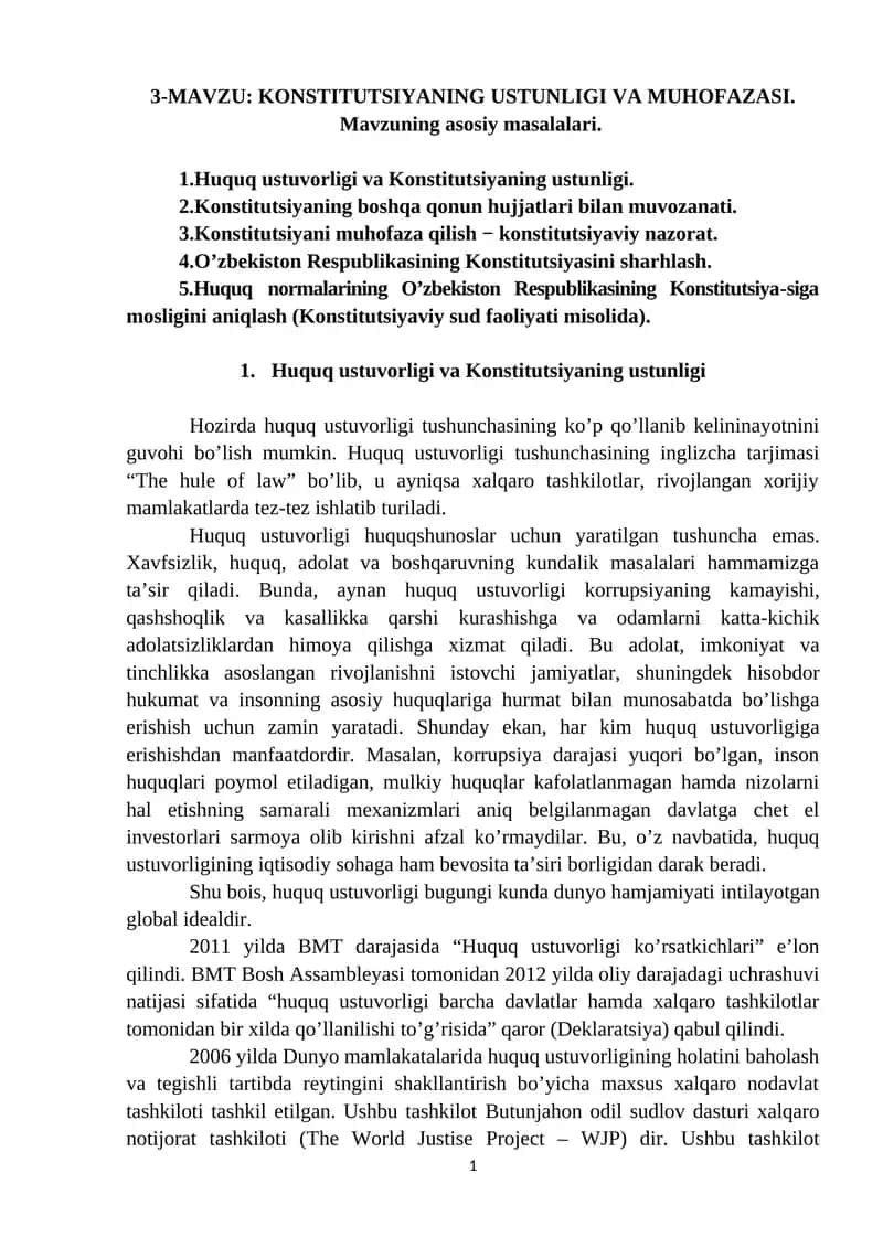 KONSTITUTSIYANING USTUNLIGI VA MUHOFAZASI