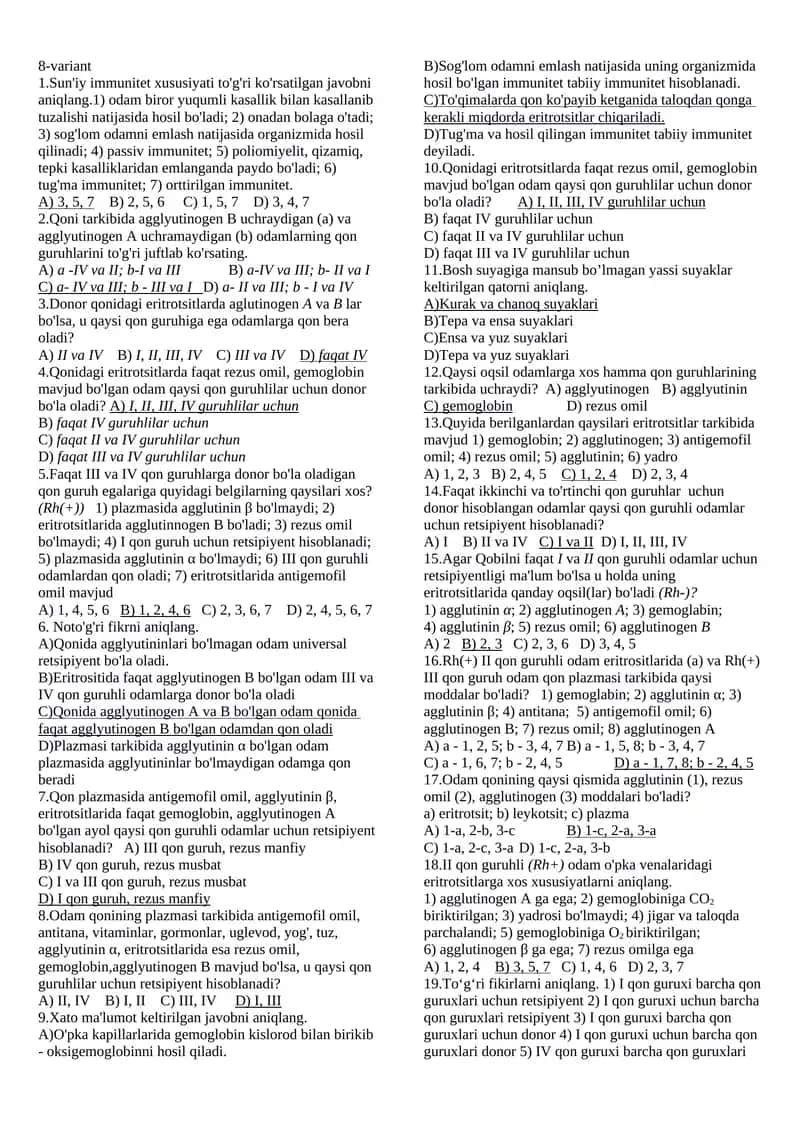 qon mavzusida test Biologiya javobli