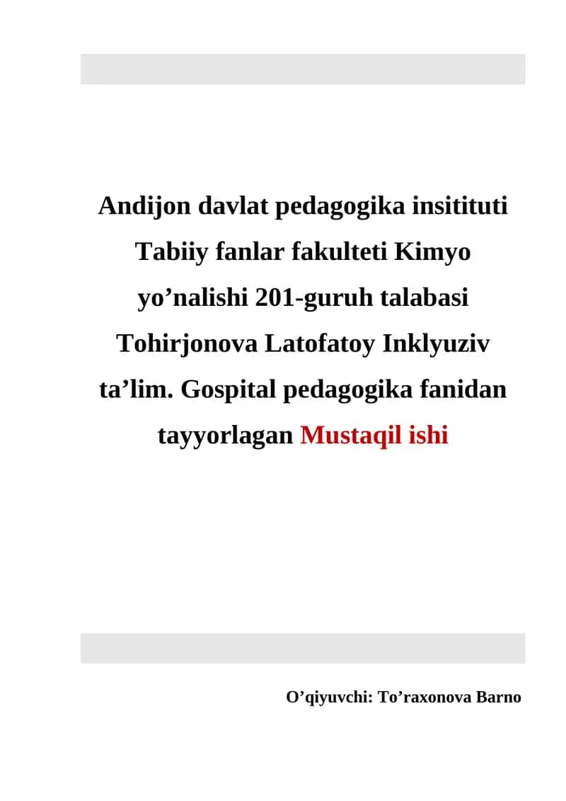 Tabiiy fanlar fakulteti Kimyo yo’nalishi 201-guruh talabasi Tohirjonova Latofatoy