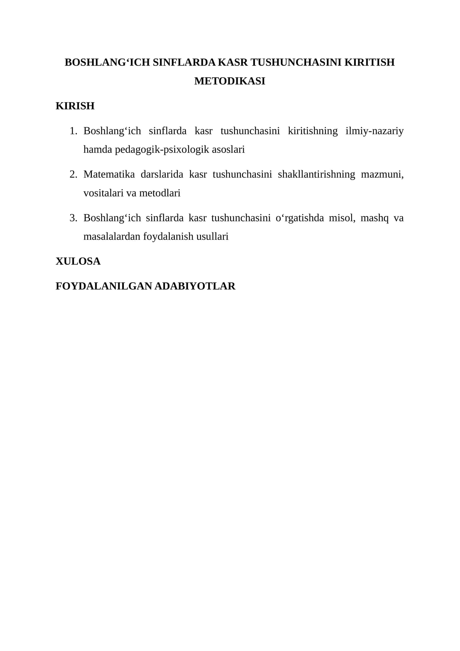 Boshlang‘ich sinflarda kasr tushunchasini kiritish metodikasi