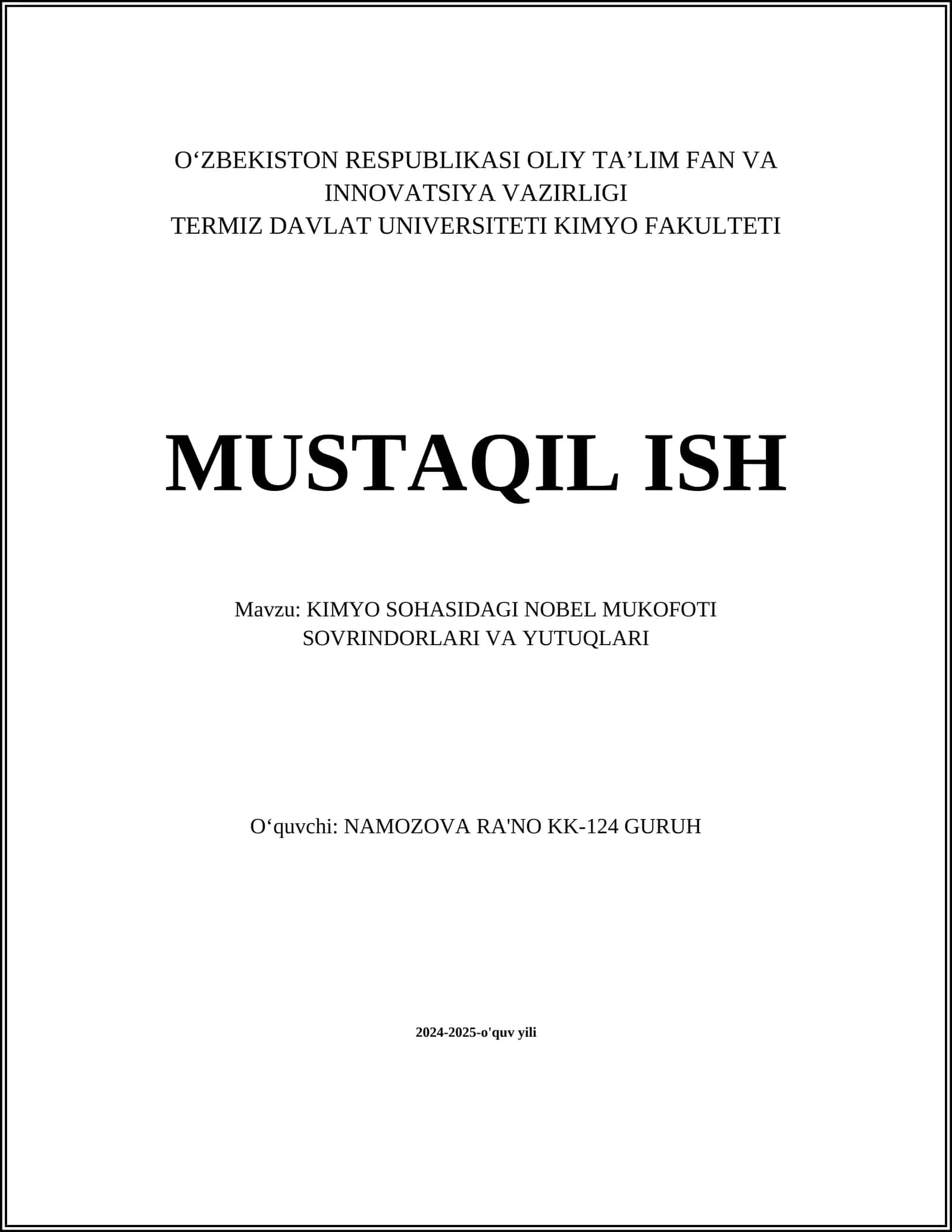 KIMYO SOHASIDAGI NOBEL MUKOFOTI