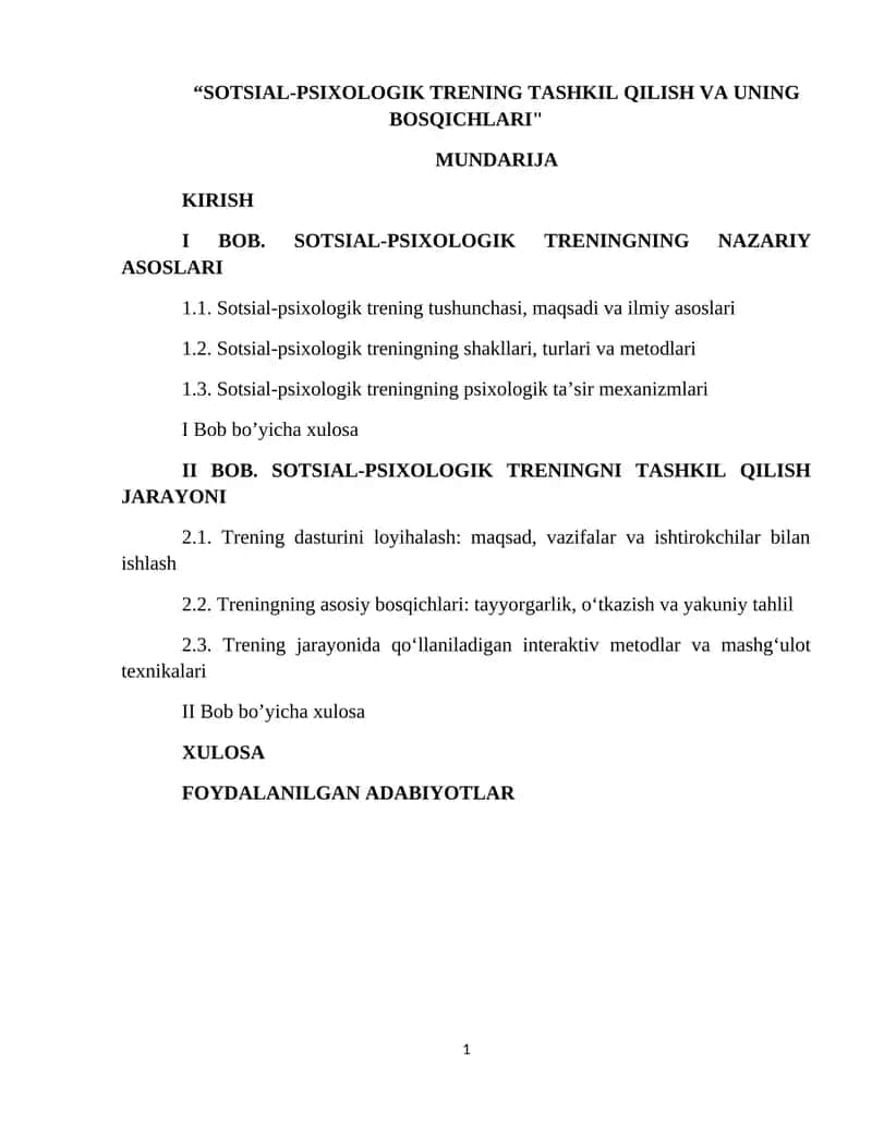 SOTSIAL-PSIXOLOGIK TRENING TASHKIL QILISH VA UNING BOSQICHLARI