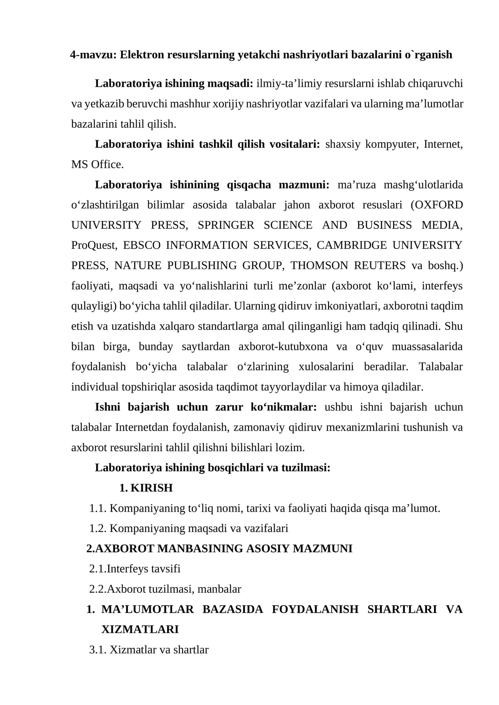 Elektron resurslarning yetakchi nashriyotlari bazalarini o`rganish