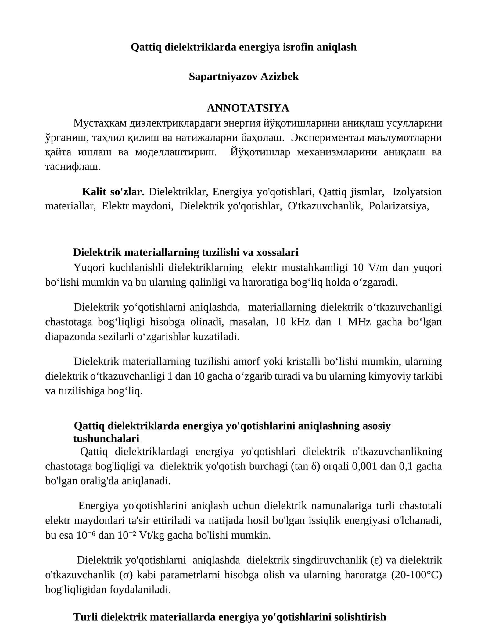 Qattiq dielektriklarda energiya isrofin aniqlash