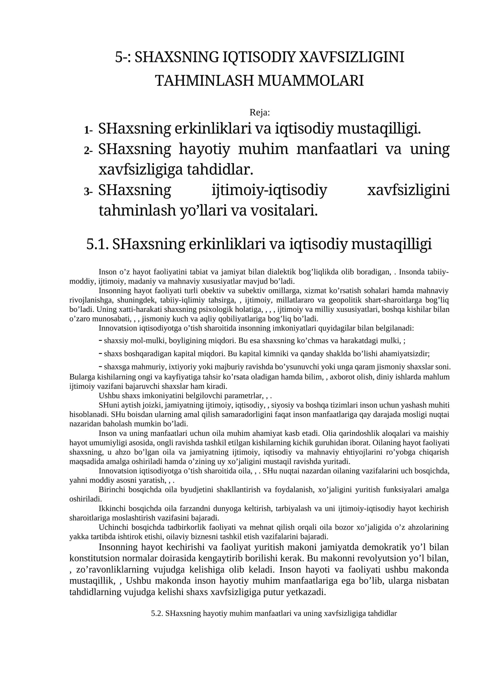 SHAXSNING IQTISODIY XAVFSIZLIGINI TAHMINLASH MUAMMOLARI