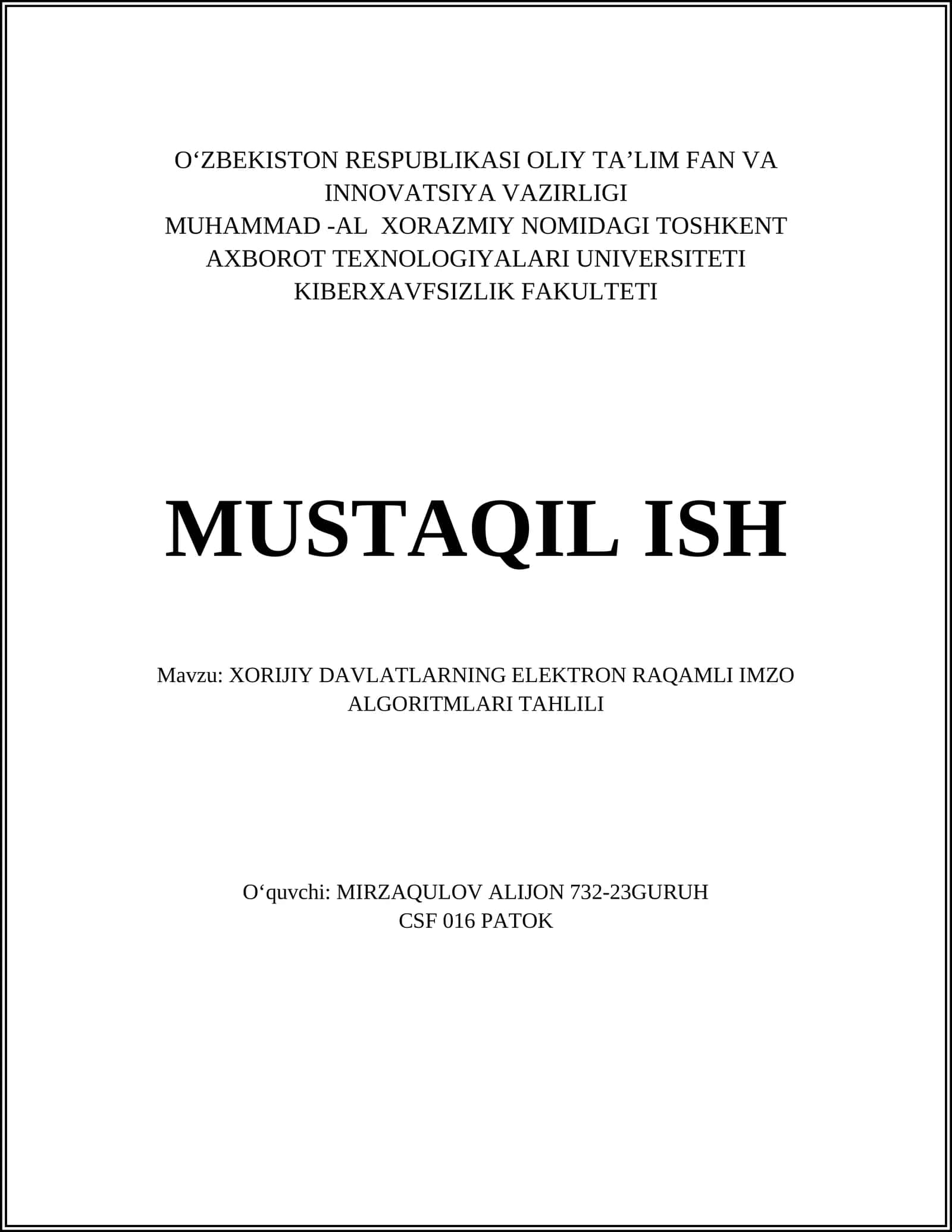 XORIJIY DAVLATLARNING ELEKTRON RAQAMLI IMZO ALGORITMLARI TAHLILI