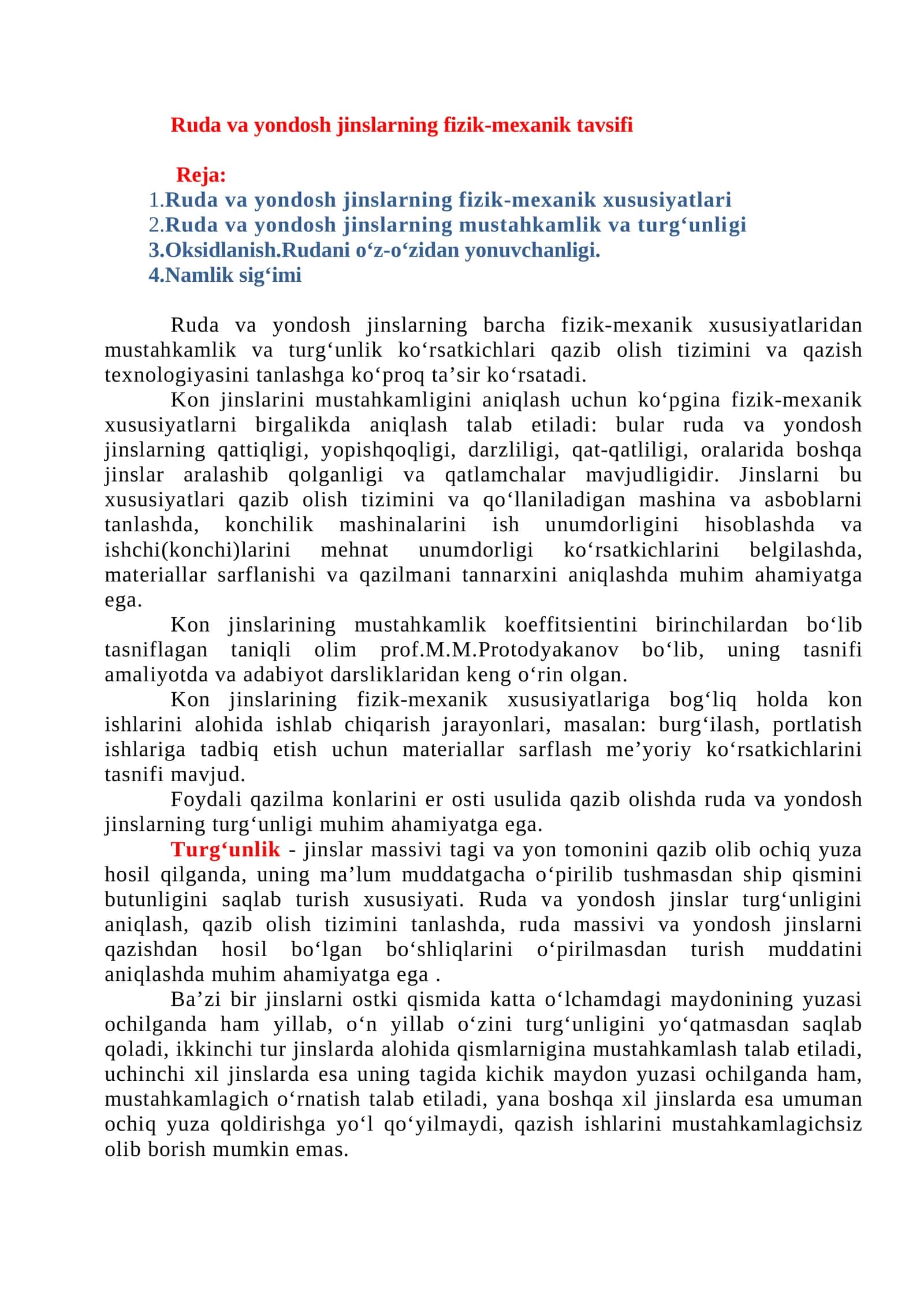 Ruda va yondosh jinslarning fizik-mexanik tavsifi