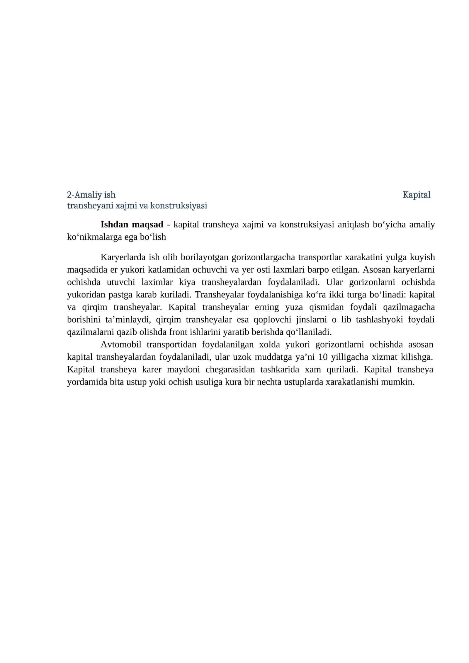 Kapital transheyani xajmi va konstruksiyasi