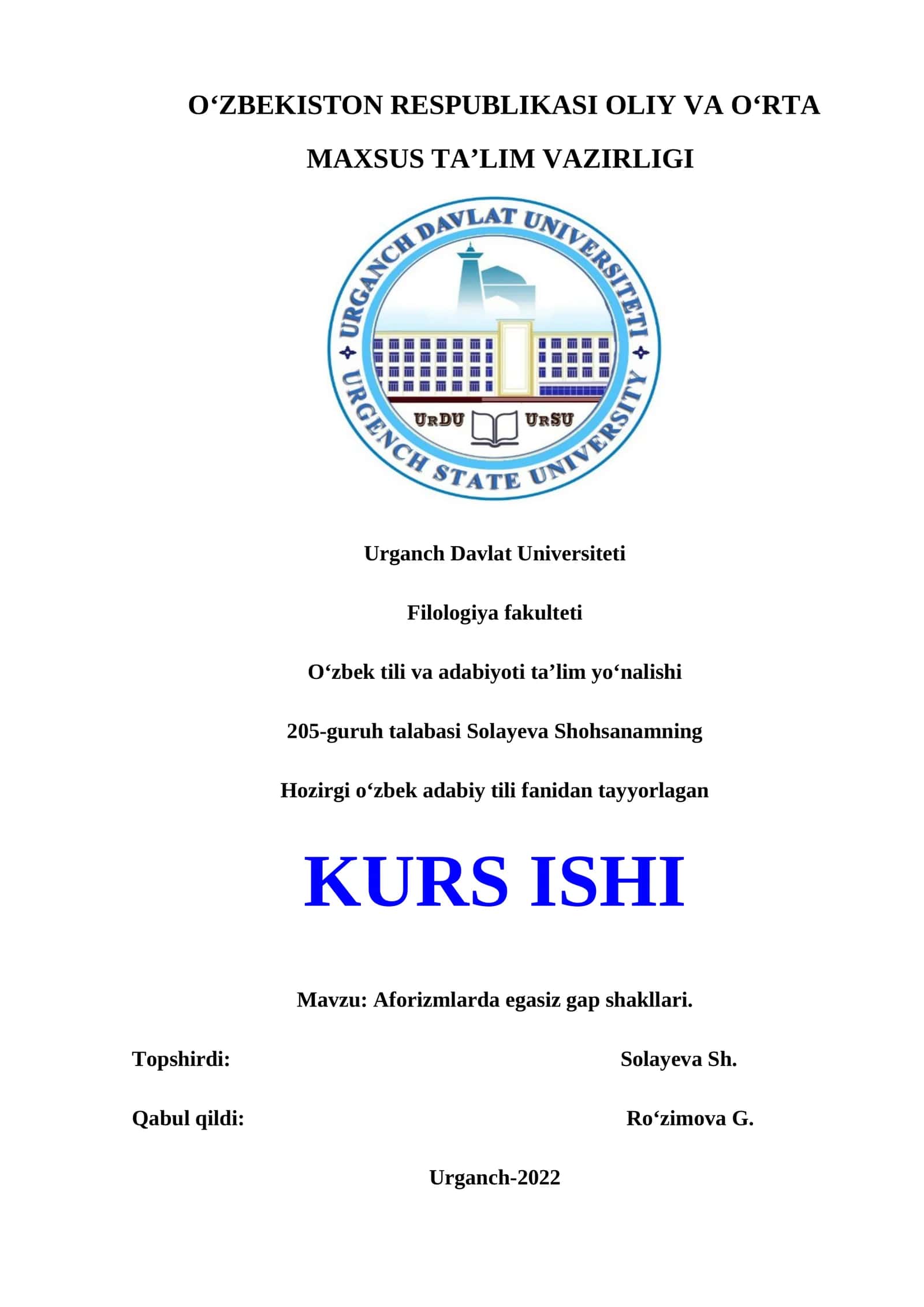 Aforizmlarda egasiz gaplarning shakllari tahlili