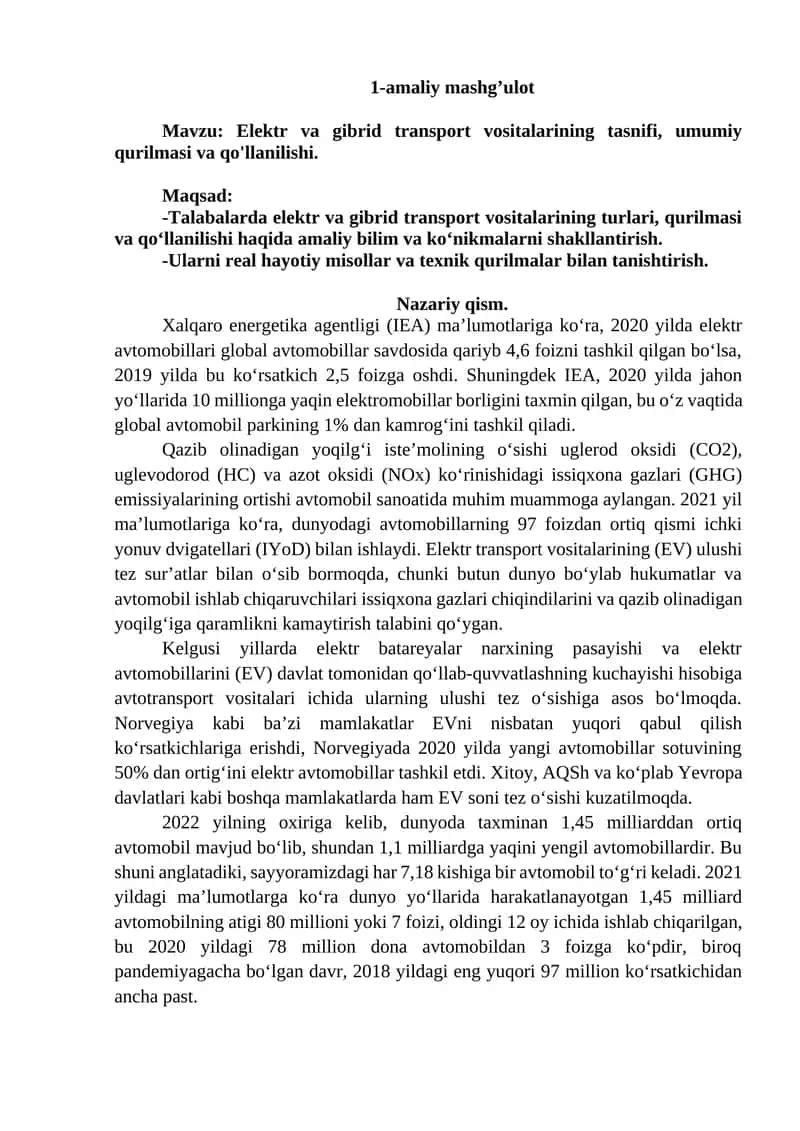 Elektr va gibrid transport vositalarining tasnifi, umumiy qurilmasi va qo'llanilishi