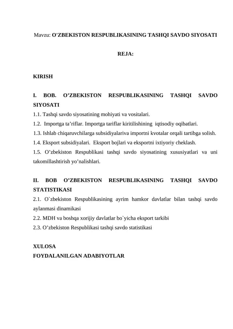 O'ZBEKISTON RESPUBLIKASINING TASHQI SAVDO SIYOSATI