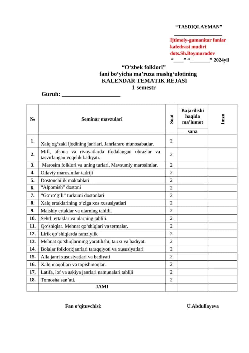 O‘zbek Folklori Kalendar Tematik Rejasi