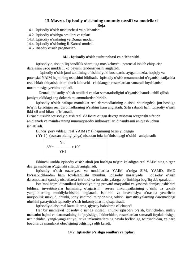 Iqtisodiy o’sishning umumiy tavsifi va modellari