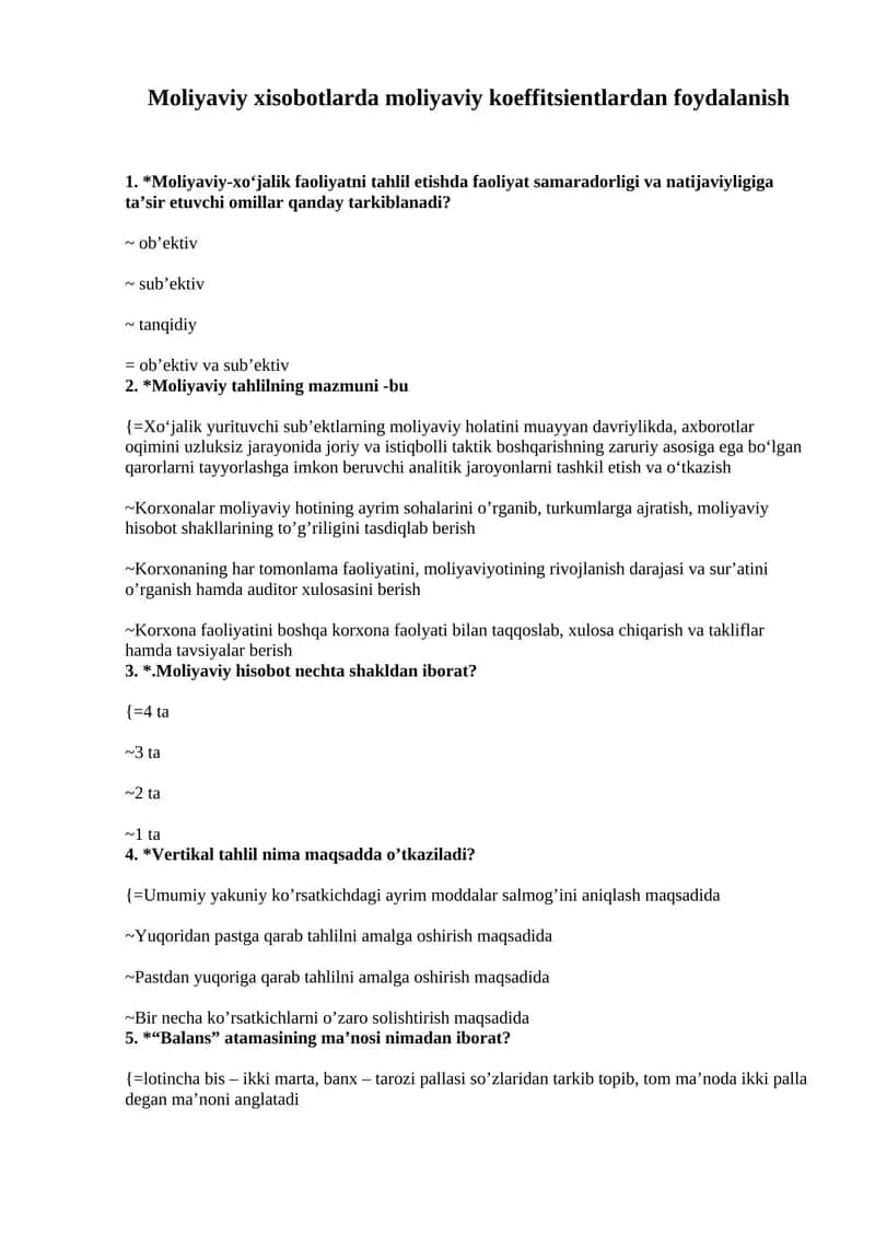 Moliyaviy xisobotlarda moliyaviy koeffitsientlardan foydalanish