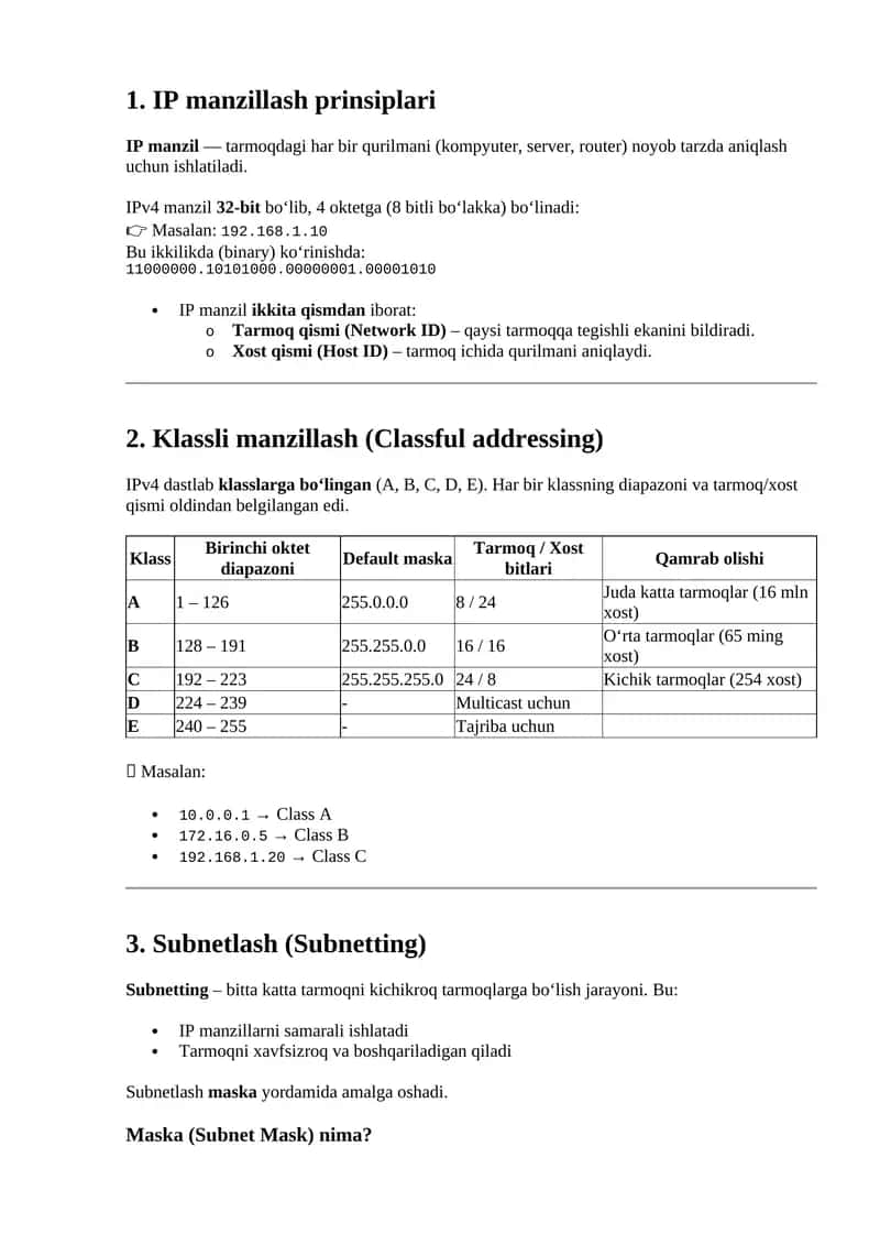 IP manzillash prinsiplari
