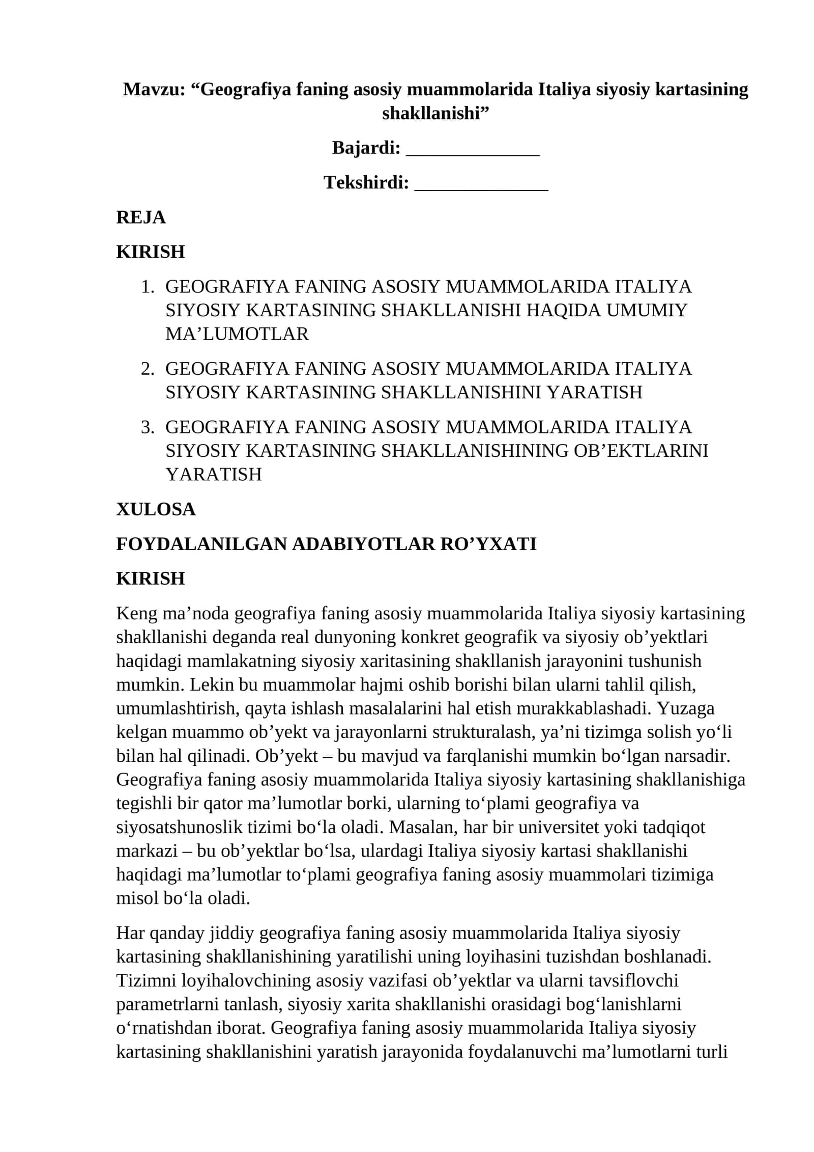 “Geografiya faning asosiy muammolarida Italiya siyosiy kartasining shakllanishi”