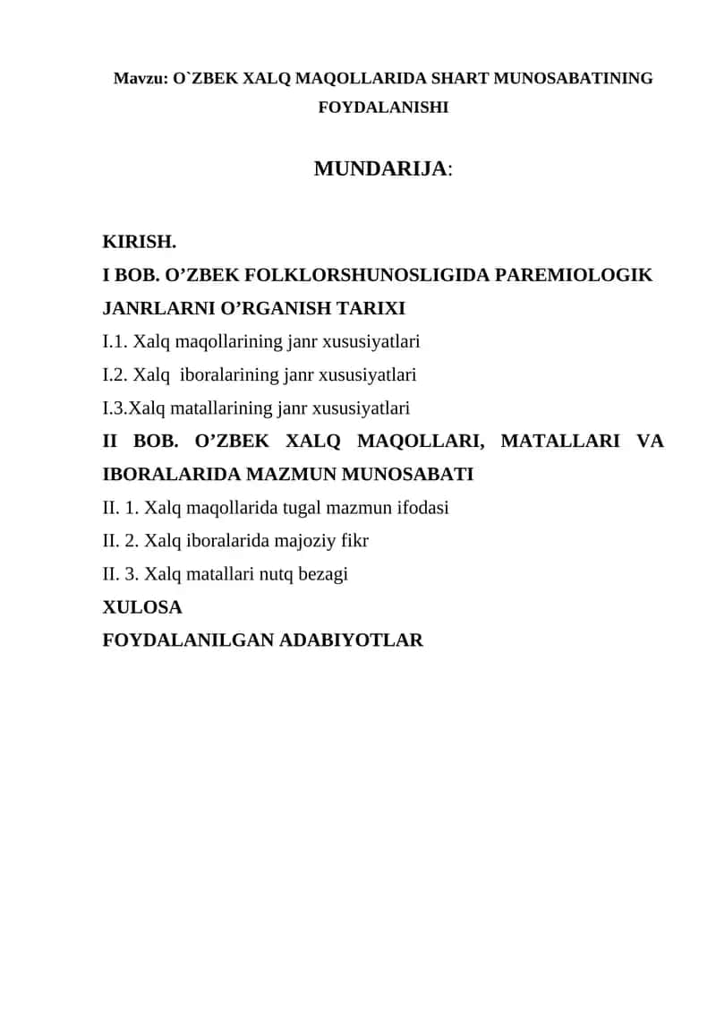 O`ZBEK XALQ MAQOLLARIDA SHART MUNOSABATINING FOYDALANISHI